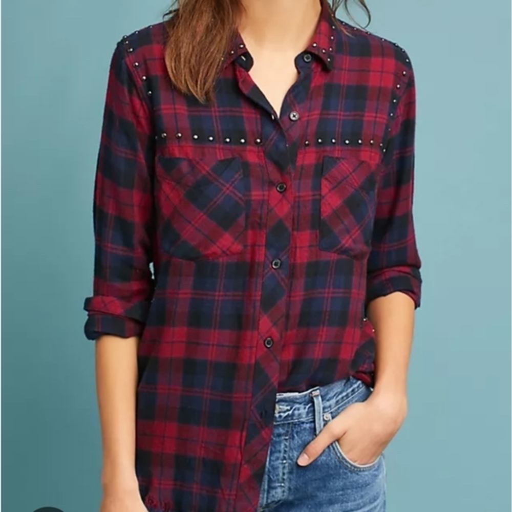Rails Rex Studded Plaid Flannel Shirt Scarlet Navy Coal Frayed Hem Mens Medium